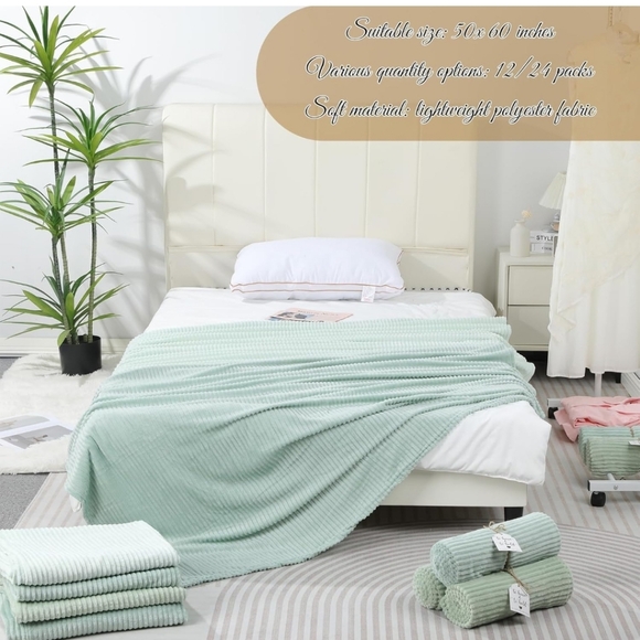 12 Pcs Sage Green Wedding Flannel Ribbed Soft Throw Blanket Bulk 50 x 60 Inch - Picture 5 of 7